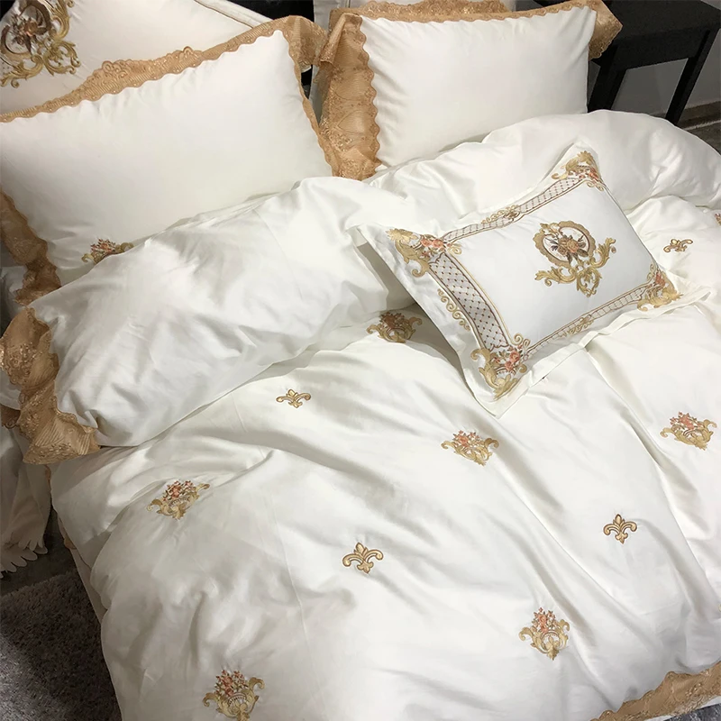 Кремовый белый золотой кружевной роскошный королевские постельные принадлежности набор пододеяльников king queen размер вышивка постельное белье набор постельных принадлежностей набор спальни