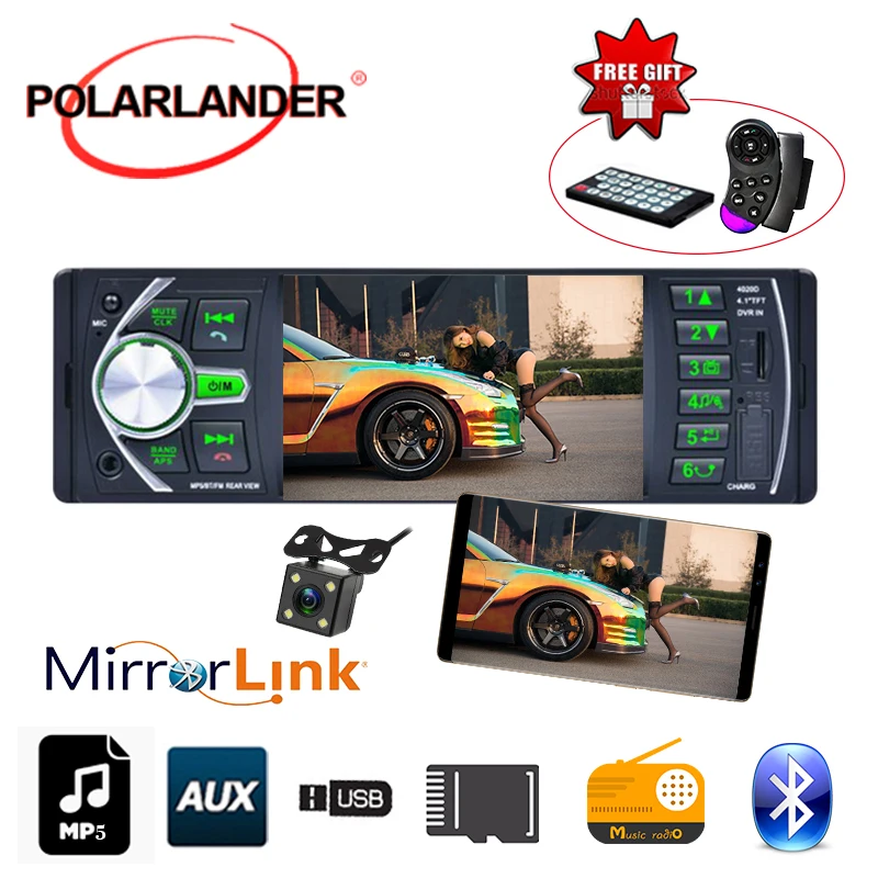 

Stereo Bluetooth TF/USB/AUX In Automagnitol DVR/Camera Input Mirror Link For Android Phone Car Radio Audio 4.1'' FM 12V