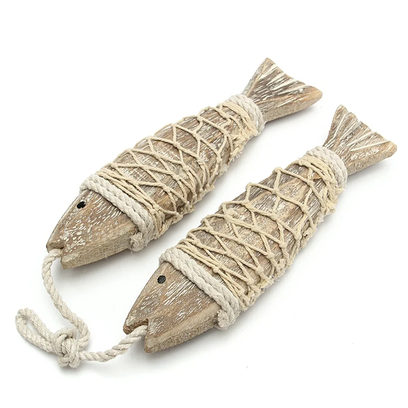 KiWarm 2 piezas Retro estilo mediterráneo Retro rústico tallado a mano colgante de madera peces adornos para colgar en el hogar Decoración regalo