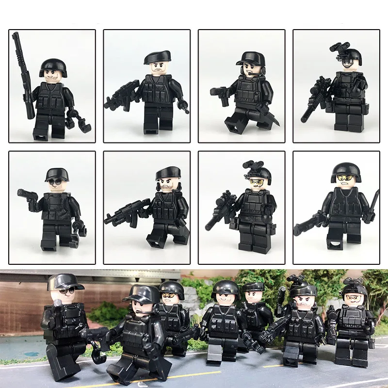 8pcs Compatible Legoings City SWAT Black Police Figurines Guns Building Blocks Set for Boys Police Minifigs Juguetes Brinquedos 8pcs Compatible Legoings City SWAT Black Police Figurines Guns Building Blocks Set for Boys Police Minifigs Juguetes Brinquedos