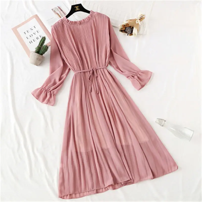 

Women Print Pleated Chiffon Dress 2019 Spring Summer New Hot Fashion Female Casual Flare Sleeve Lotus leaf neck Basic Dresses