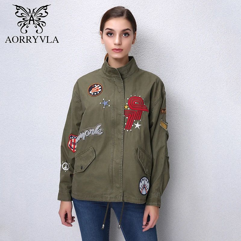 AORRYVLA New Fashion Women's Basic Jackets Autumn 2017 Cotton Full Sleeve Embroidery Rivet Regular Length Casual Women Jacket
