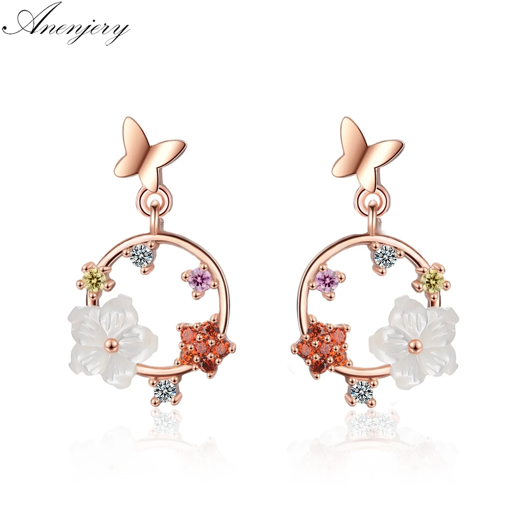 Anenjery, простые изысканные серьги в виде цветка бабочки, раковина, циркон, Круглый 925 пробы, серебряные серьги для женщин, oorbellen S-E777
