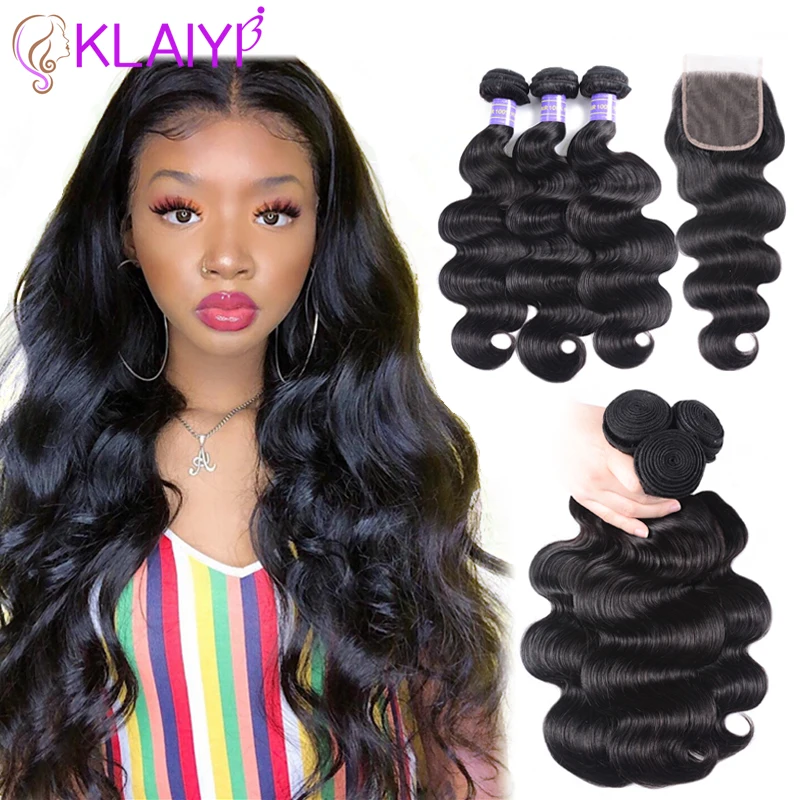 

KLAIYI Hair Brazilian Body Wave With Closure 4 PCS Remy Hair Weave Bundles With Closure 100% Human Hair 3 Bundles With Closure