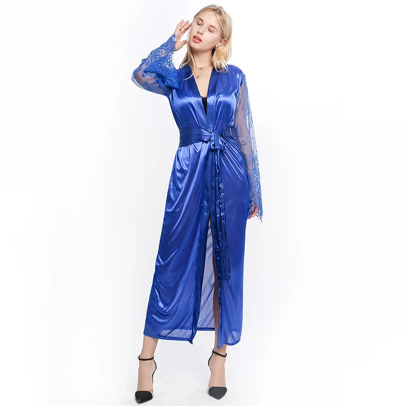 Robes Women Sleep Dress Ladies Sexy Sleepwear Female Lace Patchwork Long Bathrobes Nightgown Soft Silk Dressing Gown Bathrobe