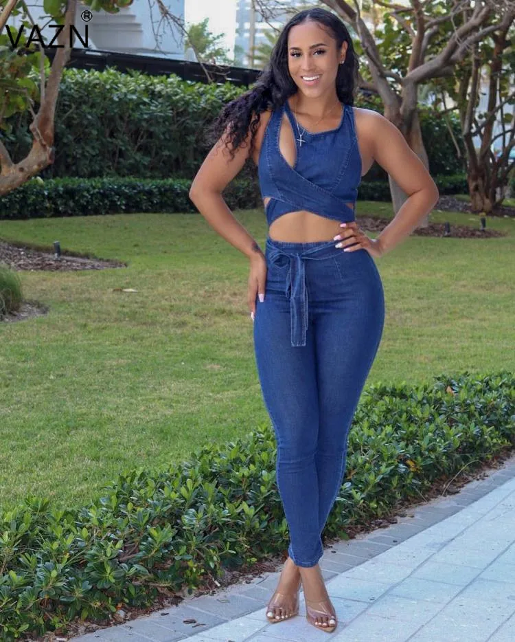 

VAZN 2019 Spring New Arrive Fashion Sexy Women O-Neck Sleeveless Long Jumpsuits Lady Solid Hollow Out Lace Up Jumpsuits SY0304