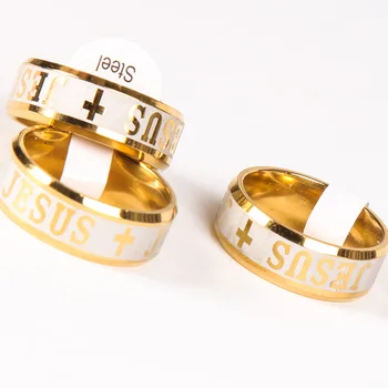 

Wholesale 24 fashion personality golden cross ring ring Bible text cross titanium steel hot sale gold jewelry