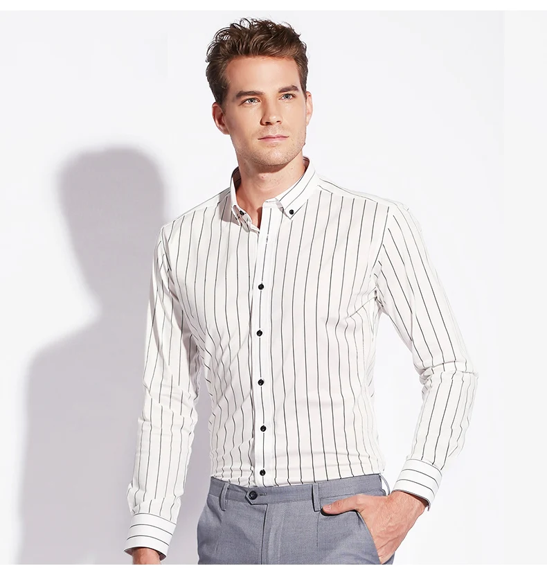 Дизайн контрастный Белый цвет черный тонкая полоса мужские деловые рубашки чистого хлопка пуговица из ткани-вниз воротник Мужская рубашка