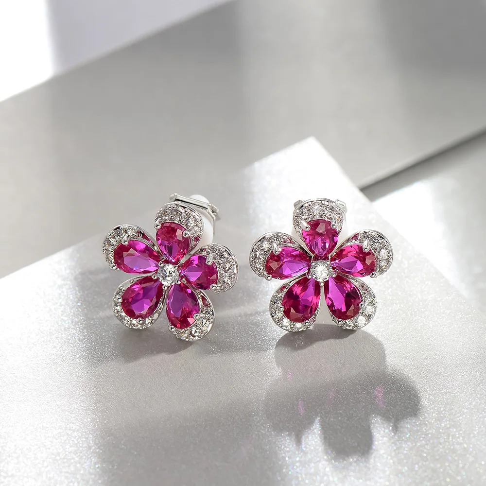 Viennois Flower Stud Earrings For women Green/ Black/ Red Color Zircon Earrings Fashion Jewelry
