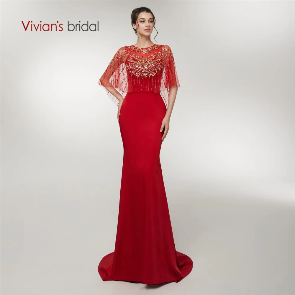 

Vivian's Bridal Fashion Beading Stripe Pattern Wine Mermaid Evening Dress With Shawl Half Sleeve Sweep Train Long Party Dress