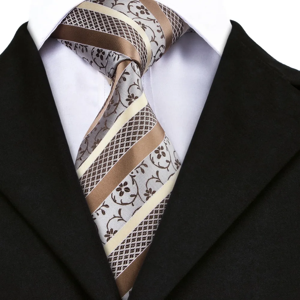Champagne Ivory Gray Brown Striped Classic Silk Necktie Ties For Men ...