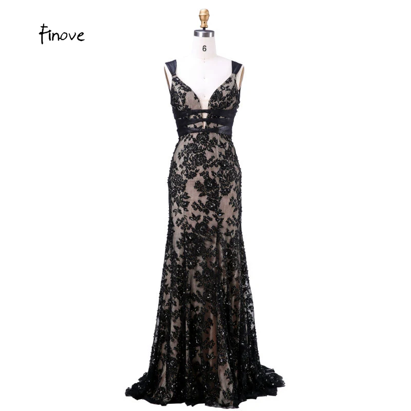 

Finove Long Evening Gowns 2019 New With V-Neck Backless Appliques Beading Floor Length Sexy Plus Size Prom Dress Vestido