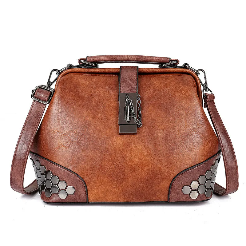 

Vintage Rivet Leather Doctor Bag Handbags for Women 2018 Luxury Designer Famous Brand Fashion Lock Totes Ladies Shoulder Bags