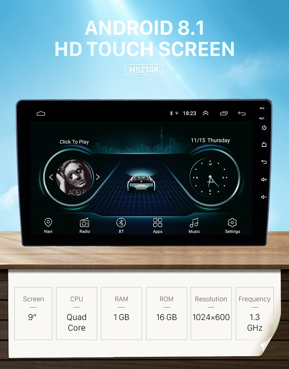 Clearance Harfey 9 inch HD Touchscreen Android 8.1 car GPS Navi Universal Radio RHD with Bluetooth AUX Music support DVR Carplay OBD SWC 0