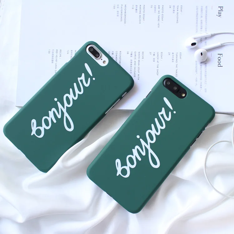 

Lovely Bonjour Letter Phone case For iPhone 7 7plus Slim Matte Hard PC Green back cover for iPhone 6 6puls 6S Capa Coque Fundas