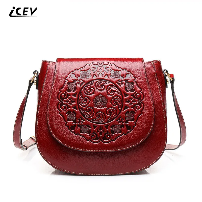 

ICEV New Arrival Vintage Genuine Leather Bags Saddle Women Messenger Bags Embossed Flower Women Leather Handbags Shoulder Bags