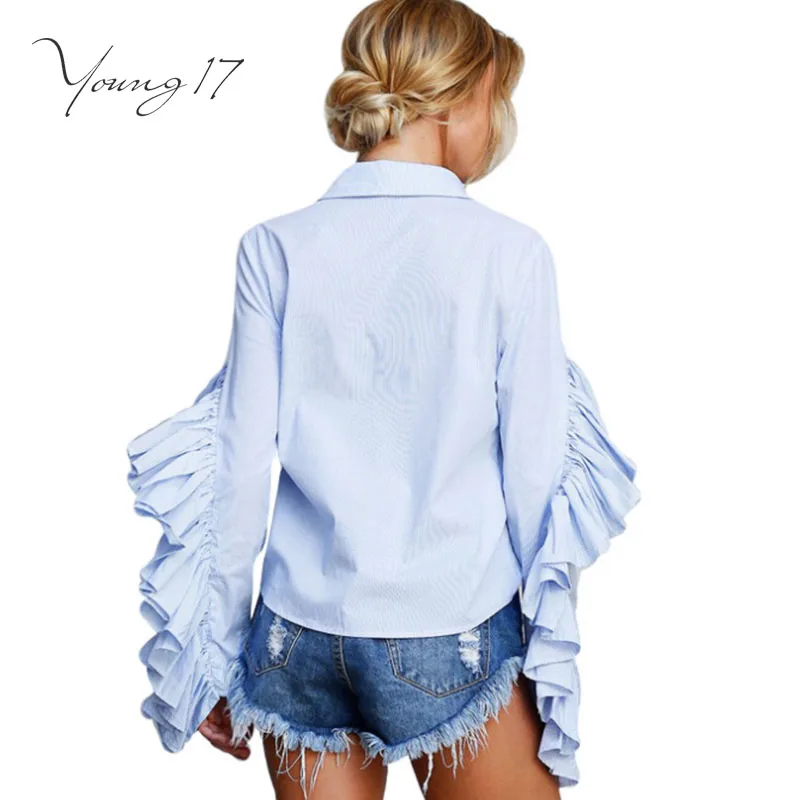 Young17 women blouse flare sleeve blue striped patchwork