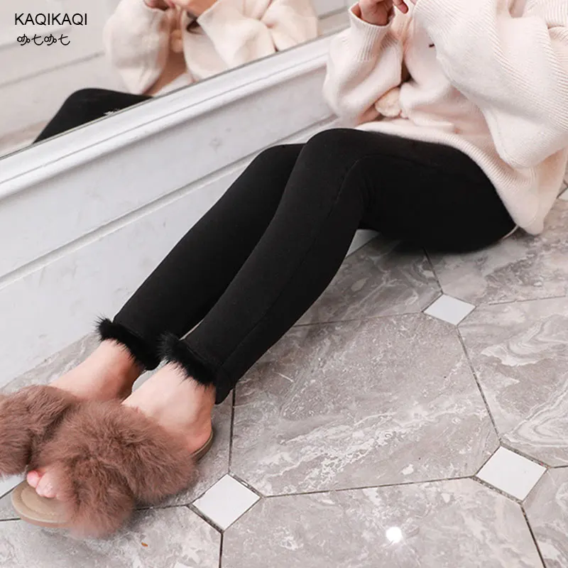 

2018New Children Winter Warm Clothes Girls Long Woolen Thicken Casual Tousers Teens Pants Spliced Faux fur