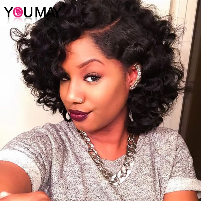 

7A Glueless Lace Front Human Hair Wigs For Black Women 250% High Density Peruvian Virgin Hair Wavy Short Human Hair Bob Wigs