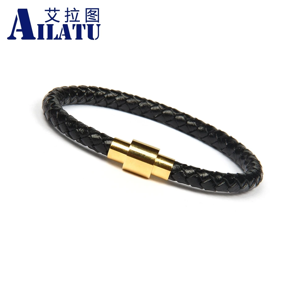 

Ailatu Stainless Steel Black Genuine Bracelet Homme Jewelry Geometric Clasps Leather Bangles Charm Bracelet For Men