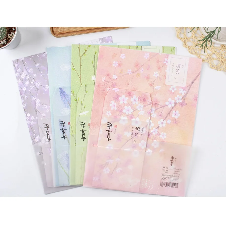 

9 Pcs/Set 3 Envelopes+6 Letter Papers Plant Cherry Blossoms Letter Envelope Set Korean Stationery Christmas Gift