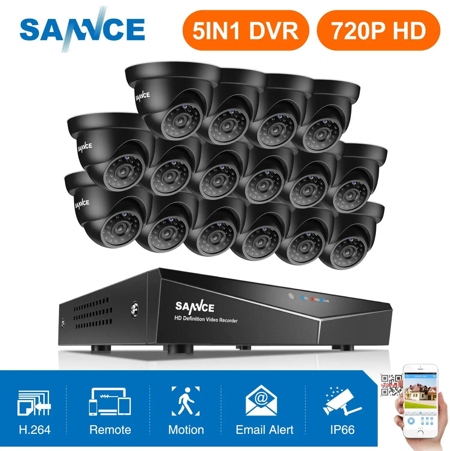 

SANNCE 16CH 720P Home Video Security System 1080N 5IN1 HDMI DVR With 16pcs 720P Outdoor Weatherproof Smart IR CCTV Camera Kit