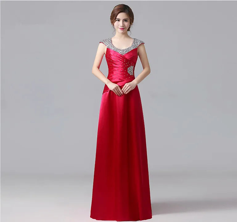 A-line Satin Royal Blue Long Foraml Evening Dresses Crystal Beaded Vestido De Festa Party Dress Gowns Real Photo DR01S - Цвет: Rose Red Cap Sleeve