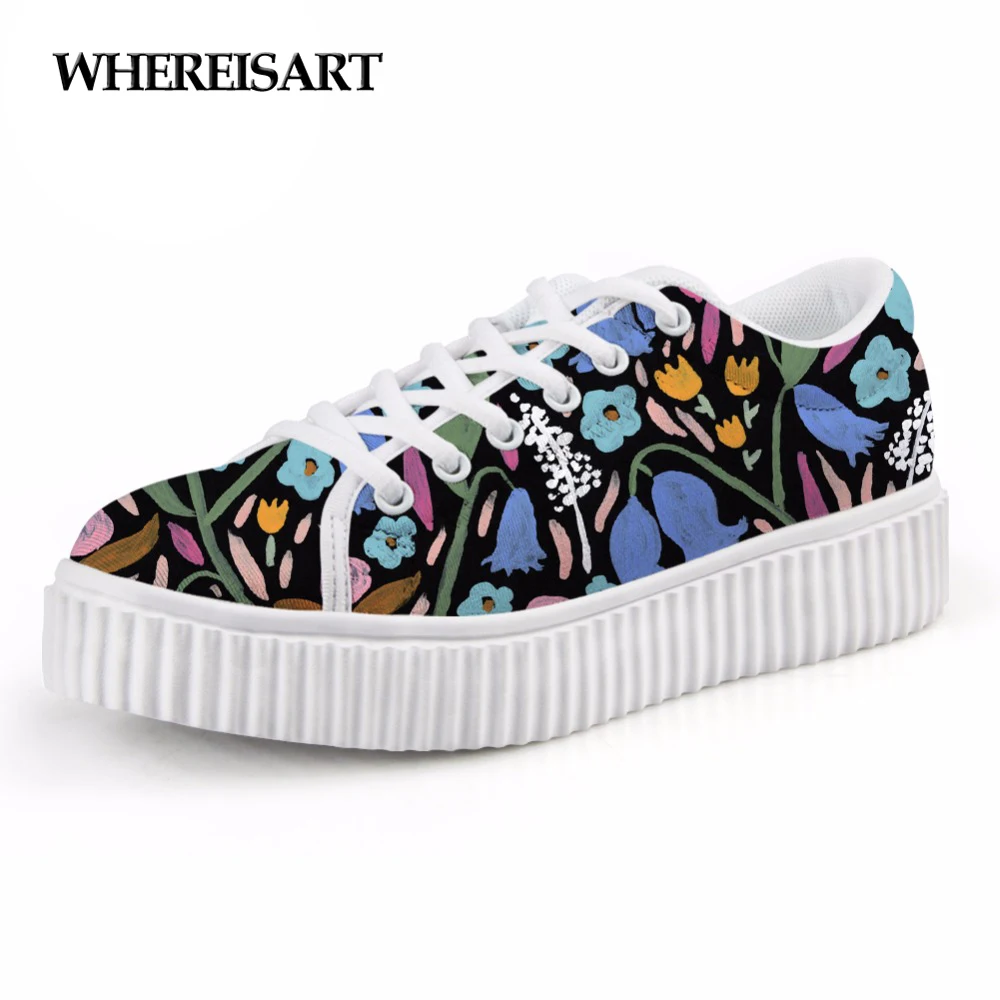 

WHEREISART 2019 New Women Flat Shoes Fashion Hand Painting Pattern Female Lace-up Platform Shoes Casual Female Creepers Flats