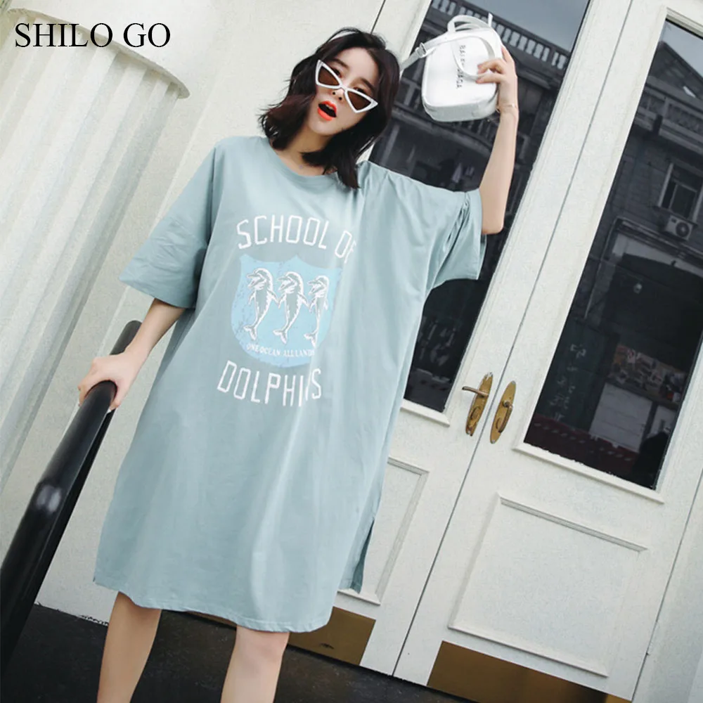 

SHILO GO Dress Womens Summer Fashion Concise Casual O Neck half sleeve dress loose letter dolphins print candy dress light pink
