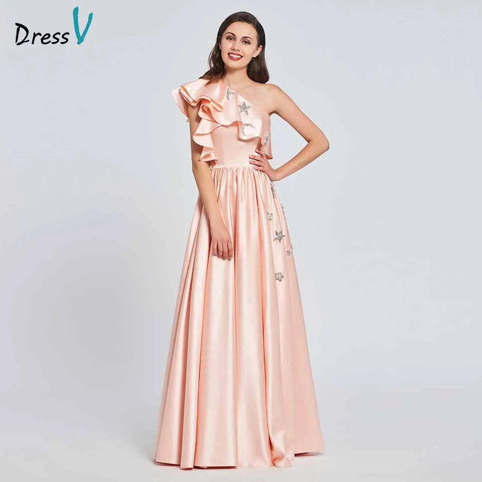 

Dressv flesh pink one shoulder a line appliques ruffles elegant prom dress floor length evening party gown prom dresses custom