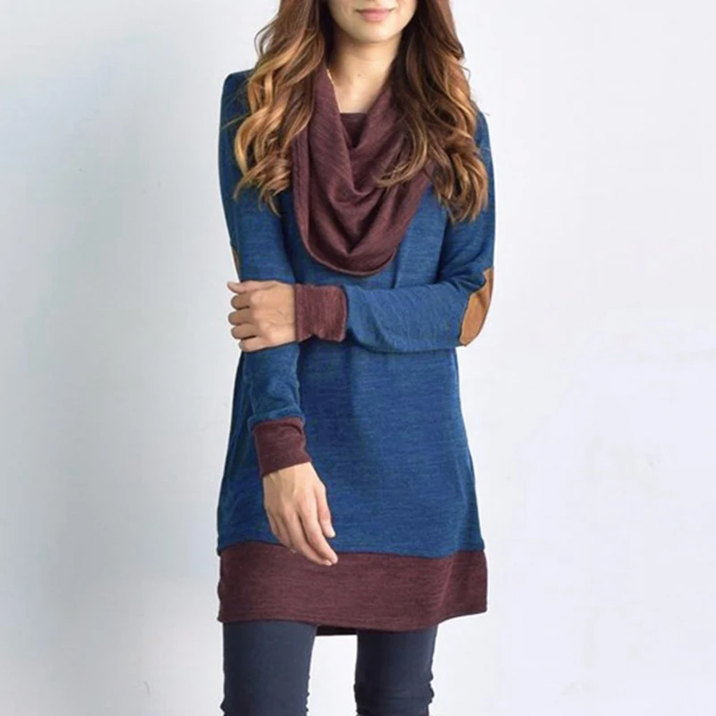 S-5XL Women Long Sleeve Thin Pullover Spring Autumn Blouse Patchwork Cowl Neck Ladies Long Tops Casual Shirts Elbow Patches New