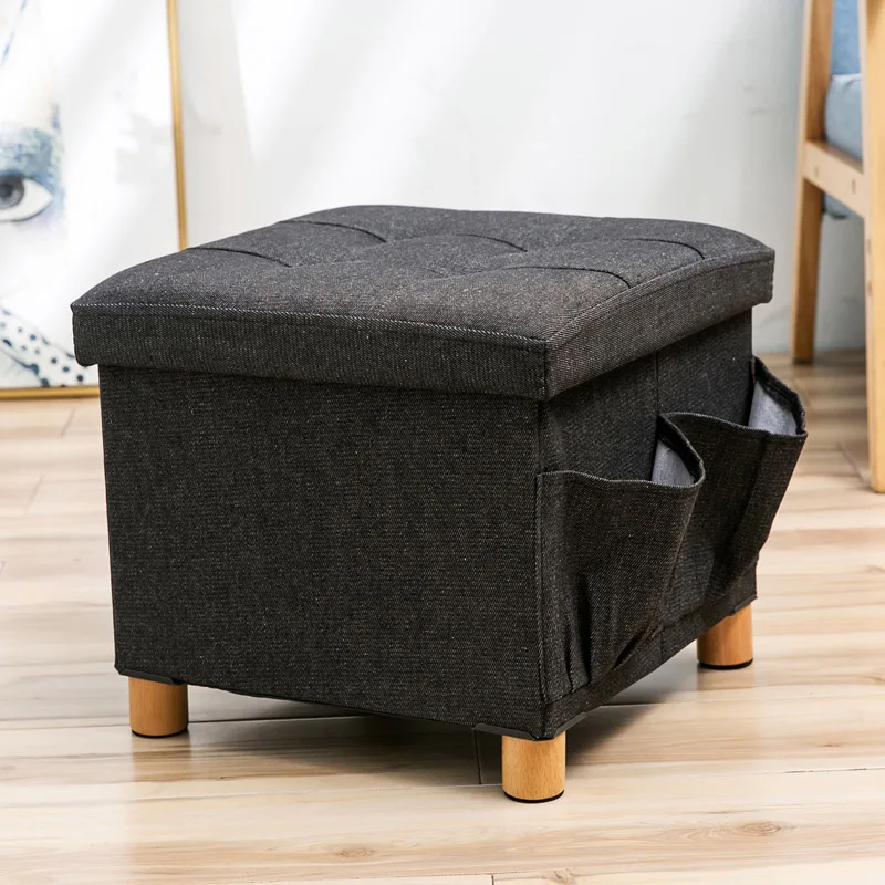 Denim fabric ottoman solid wood four feet storage stool fitting room creative slipper side pocket change shoe bench foldable - Цвет: black S