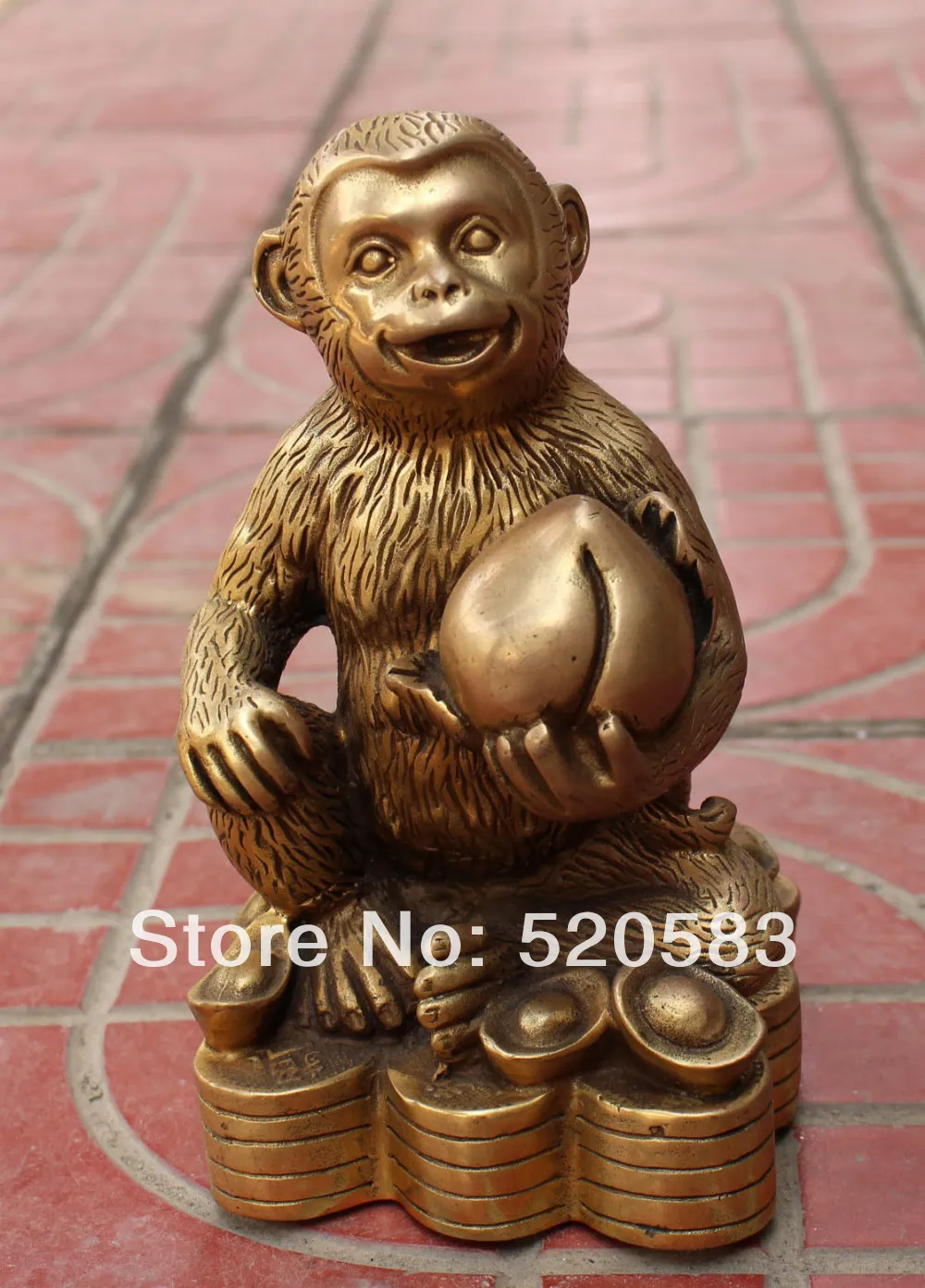 

free Marked 18CM Chinese Bronze Wealth YuanBao Money Monkey King Hold Peach Statue fast