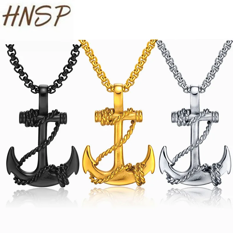 HNSP Viking Anchor Pendant Chain Necklace For Men Black Gold Silver