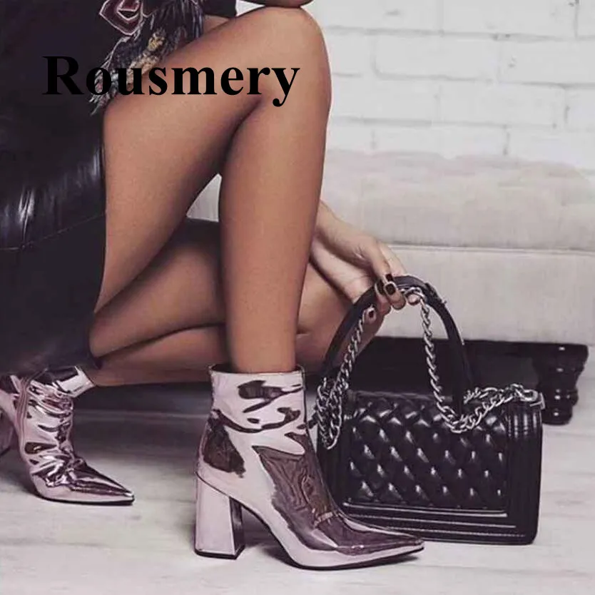 

2018 Pointed Toe Square Heel Side Zipper Fahion Ladies Ankle Boots Patent Leather Spring And Autumn Women Boots Normal Size