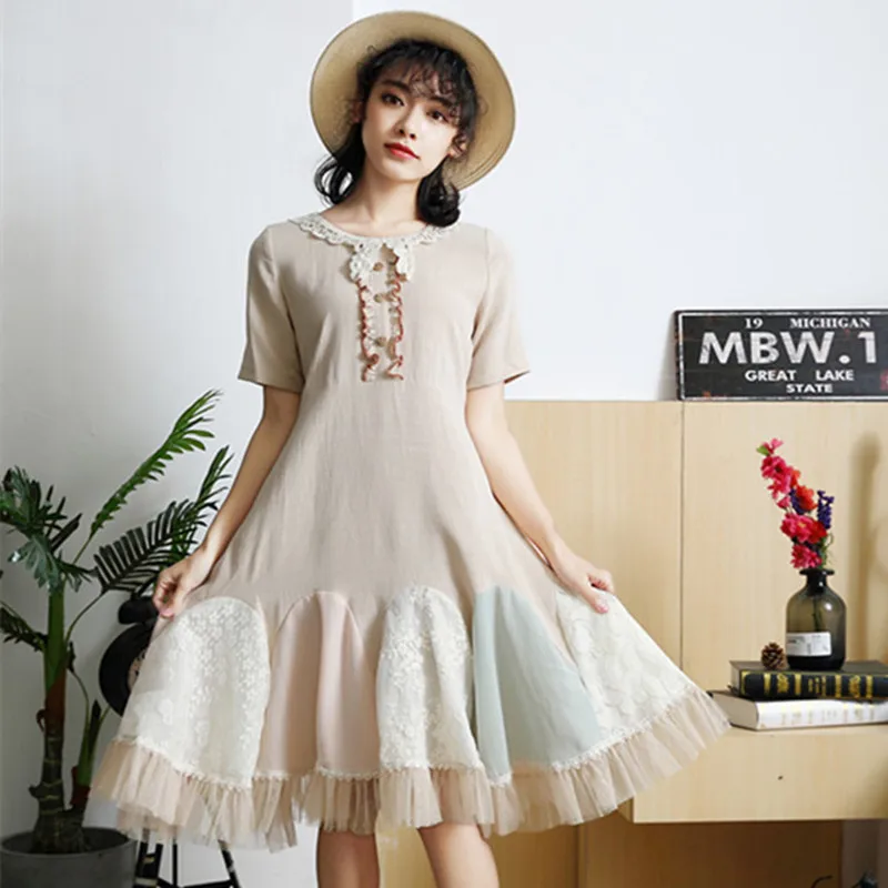 Prairie Chic Style Cotton Linen Women Dress Short Sleeve Patchwork Lace