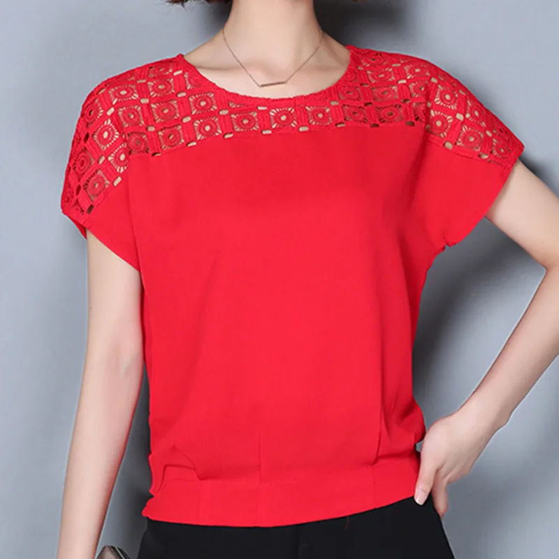 

Women Blouse Shirts White Chiffon Blouse Summer Shirts for Woman Lace Floral Blouse Plus Size Tops Office Lady Hollow Out Blouse