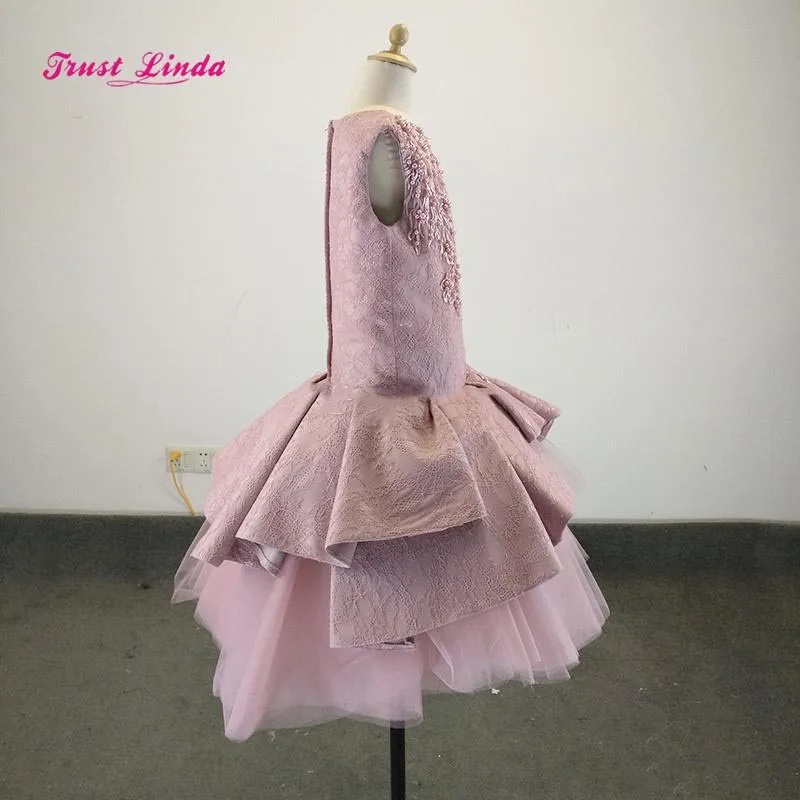 Темно-розовый кружевное милое кружевное платье без рукавов с цветочной аппликацией платье для девочек 2018 Горячая Многоуровневое
