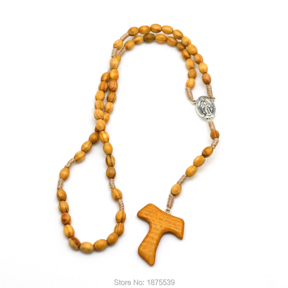 

Oval Wood Bead Rope Cord Rosary Alloy Center Wooden Tau Cross