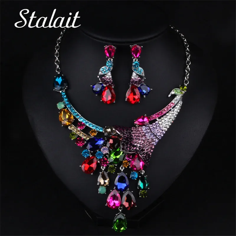 

Romantic Women Wedding Collar Necklaces Jewelry Set Multi-color Peacock Rhinestone Statement Necklace Earring Jewelry Set