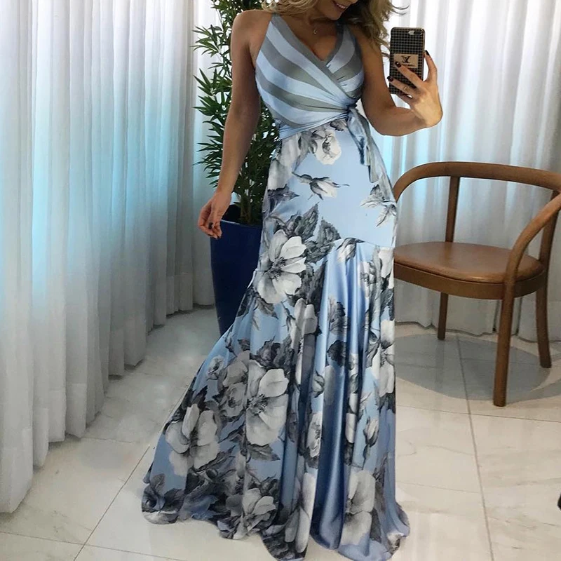 

Summer Women Elegant 2019 Fashion Prom Sexy Long Party Dress Casual Female Floral Print Wrapped Tied Side Boho Maxi Dress