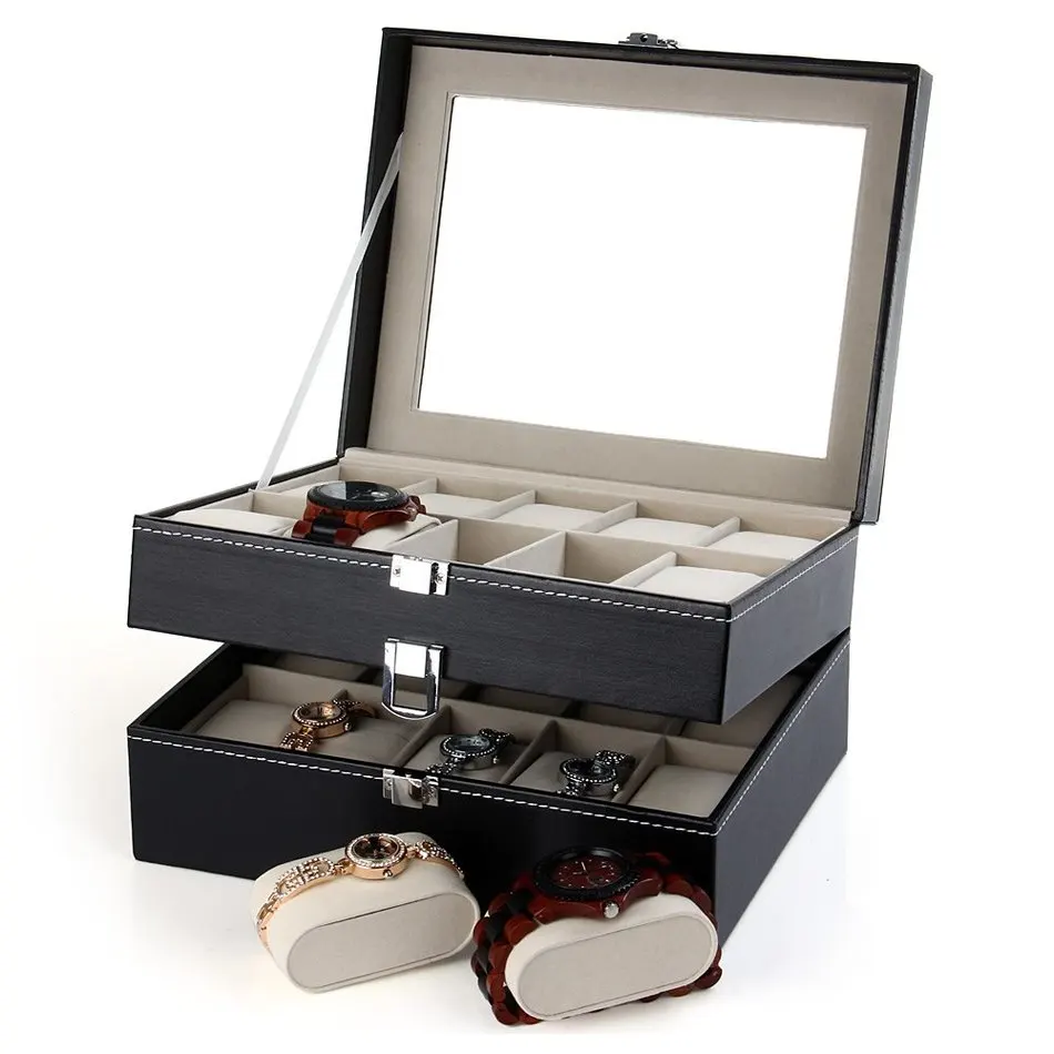 PU Leather 20 Grids Watch Display Case Box Jewelry Storage Organizer