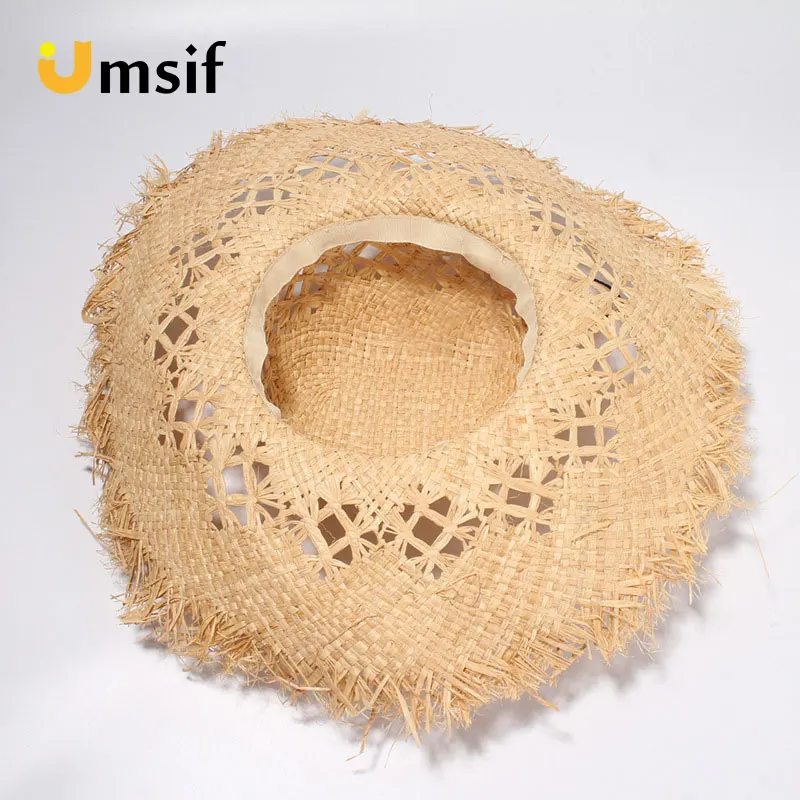 الصيف الرجعية بلون كبيرة قبعة من القش بحافة عريضة للنساء الرافية قبعة الإناث عارضة الجوف شاطئ الشمس قبعة مرِنة قبعات فيدورا