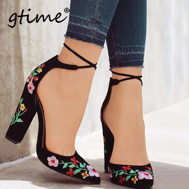 

Gtime Dropshipping Embroidery Pumps Women High Heels Pointed Toe Bandage Cross-tie Women 10cm Height Elegant Party Shoes WSE047