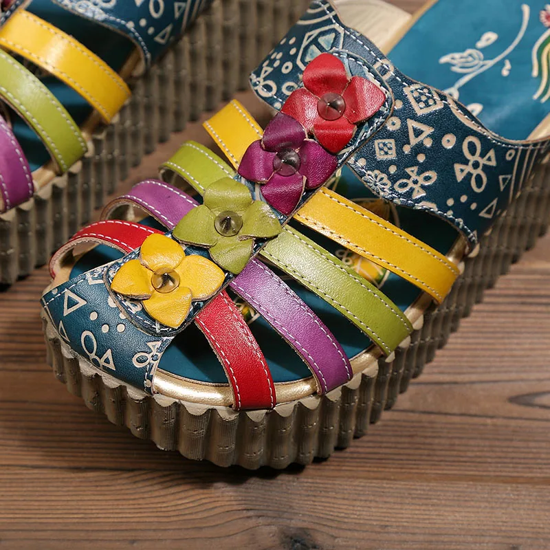 Новые летние открытые обувь ручной работы женские туфли без задника из натуральной кожи крышки пальцы Цветок женские тапочки на танкетке и платформе