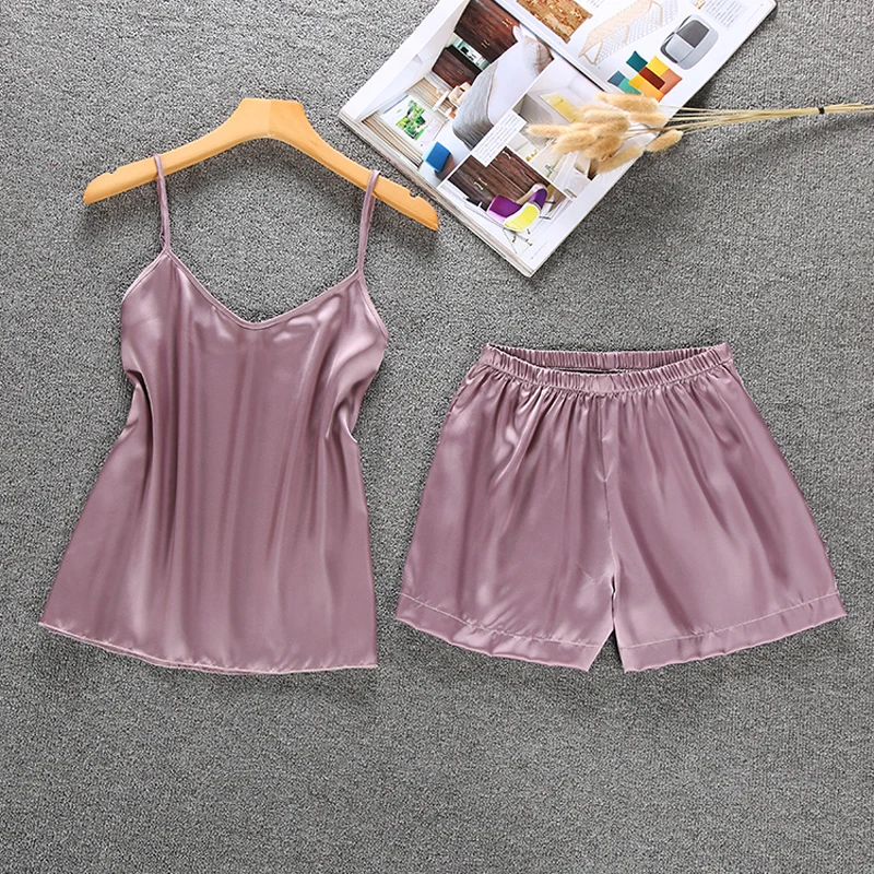 

Women Sexy Silk Satin Sleepwear Set Sleeveless Pajamas Set V-neck Pyjama Femme Solid Nightwear Homewear For Summer