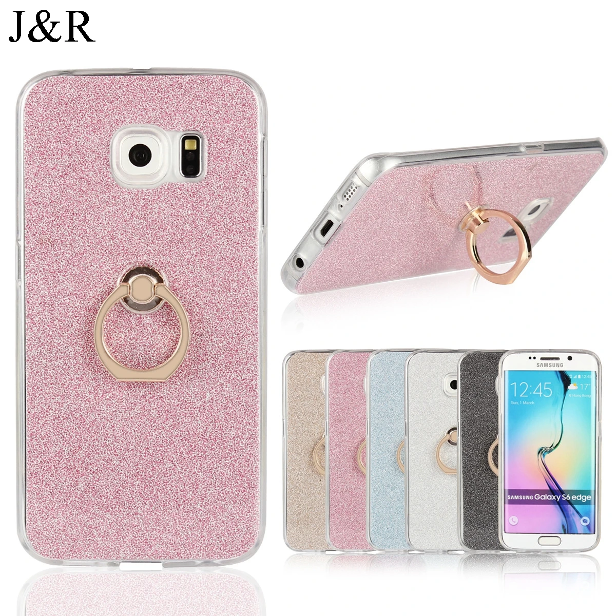 J&ampR Bling Case for Samsung Galaxy S6 Edge G925F G925 TPU Cover S6Edge G925H Sparkle Gilter Protect Back Shell With Finger Ring |