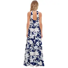 Womens Summer Maxi Dresses New Arrival Ladies Dress Sleeveless Blue Halter Neck Floral Print Vintage Dress