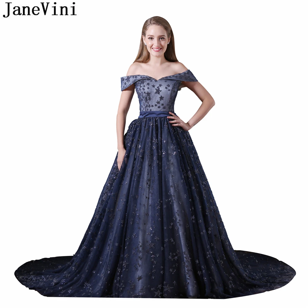 

JaneVini Gorgeous Navy Blue Prom Dresses Off Shoulder Tulle Beaded Star Pattern Sequined A Line Luxury Arabic Women Party Gowns