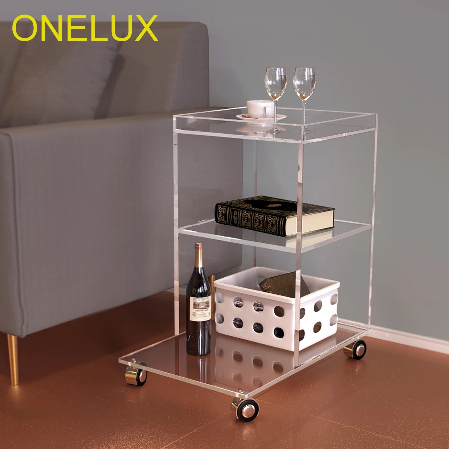 ONELUX Transparent Acrylic Side Sofa Table,Occasional Magazine Tea Tables On Wheels -50w 35d 57h cm
